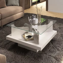 Mesa de Centro Tampo em Vidro Base em Tamburato 50mm Clear Branco