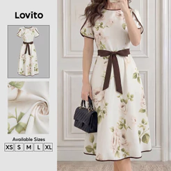 Lovito Vestido Elegante Branco de Primavera/verão para Mulheres com Contraste de Acabamento em Renda e drapeado DRB201P1D012