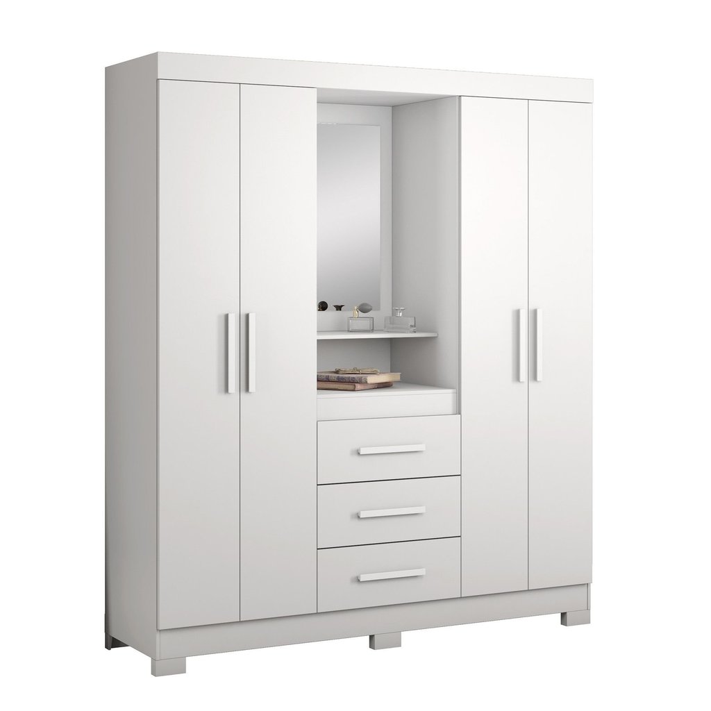 Guarda Roupa Casal com Espelho 4 Portas 3 Gavetas e Nicho Capelinha Branco/New/Rosa Branco New/Rosa · foto 2
