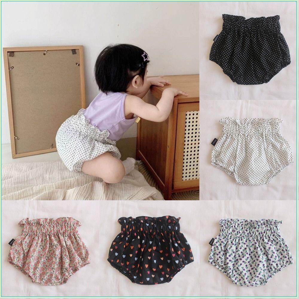 Shorts Infantis , Elásticos Com Estampa Floral Na Cintura Para Bebês Meninas , Calças Triangulares Respiráveis De Algodã