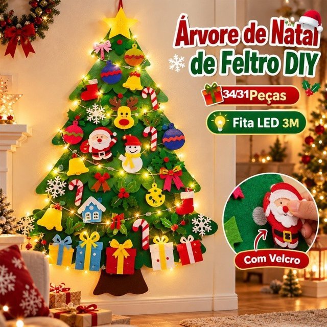 Árvore De Natal De Feltro Kit DIY 31/34 Peças Luz LED Infantil Enfeite Parede Presente Criativo Decoração Reutilizável