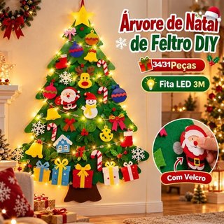 Árvore De Natal De Feltro Kit DIY 31/34 Peças Luz LED Infantil Enfeite Parede Presente Criativo Decoração Reutilizável