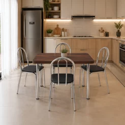 Conjunto Sala de Jantar Mesa 120cm 4 Cadeiras Tubular Corino Cromado/Nogueira/Preto Preto/Nogueira