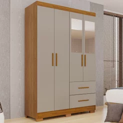 Guarda-Roupa Solteiro 4 Portas com Espelho 2 Gavetas Estrela Premium Off White/Cinamomo/Off-White