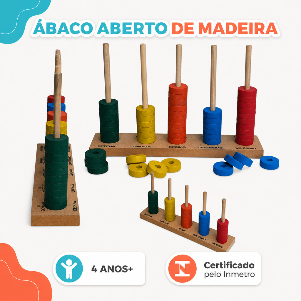 Ábaco Aberto 5 Hastes 50 Argolas Madeira Brinquedo Educativo Pedagógico Matemática Colorido