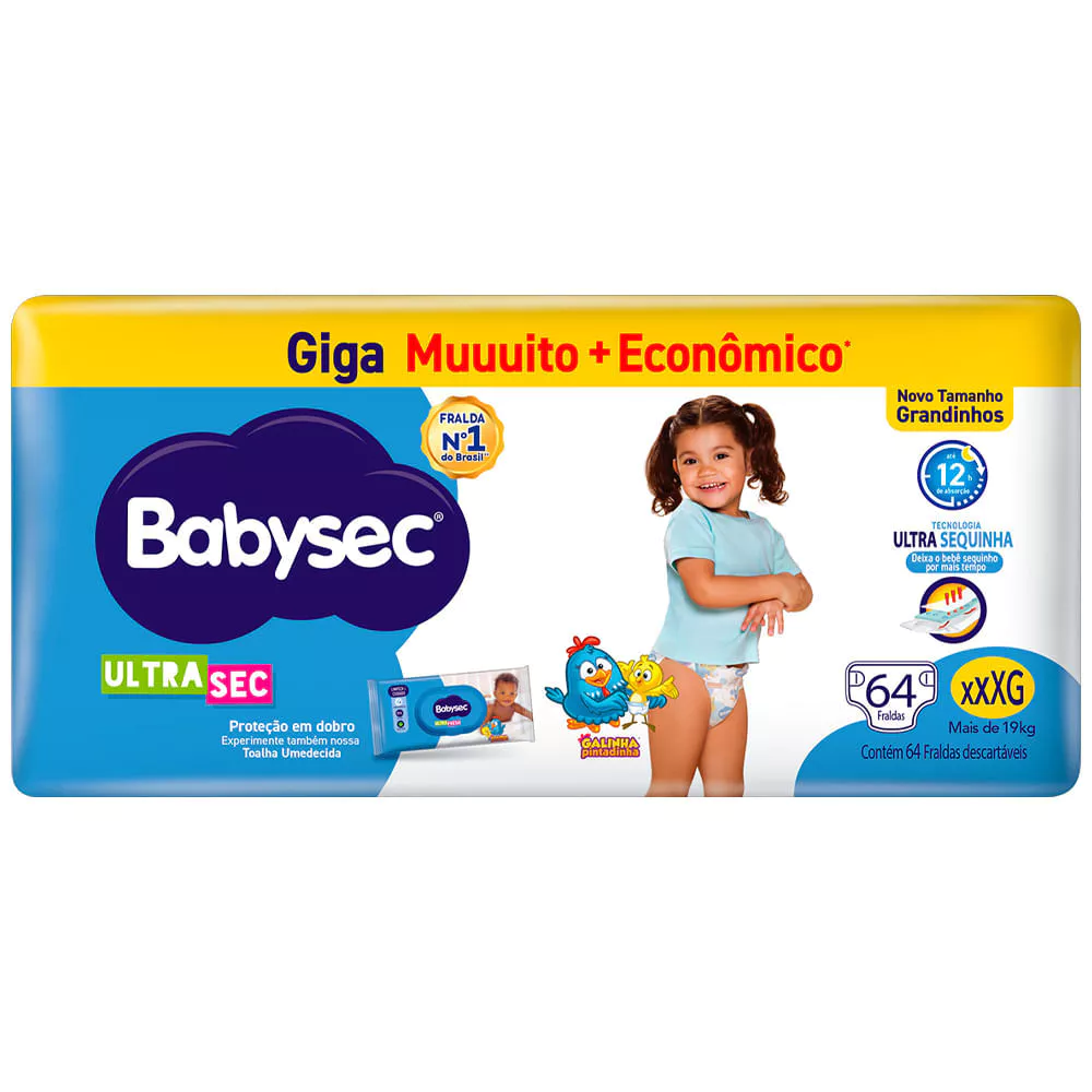Fralda Descartável Babysec Galinha Pintadinha Ultrasec Giga XXXG 64 Unidades