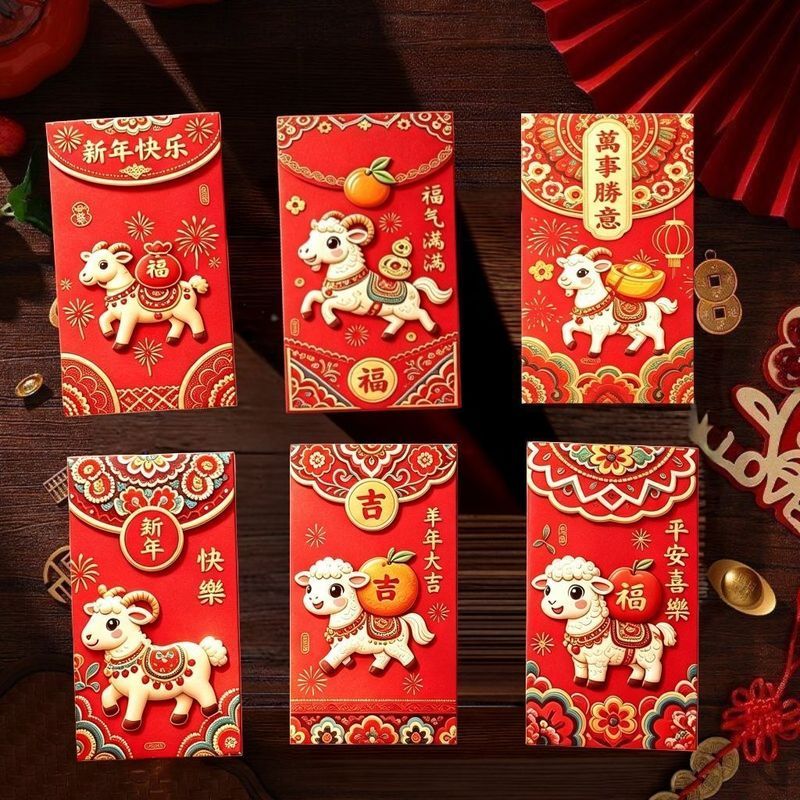 Estoque pronto Ano da Ovelha Imitação Plana Bordado de Pelúcia Desenho Animado 5D Envelope Vermelho Festival da Primaver