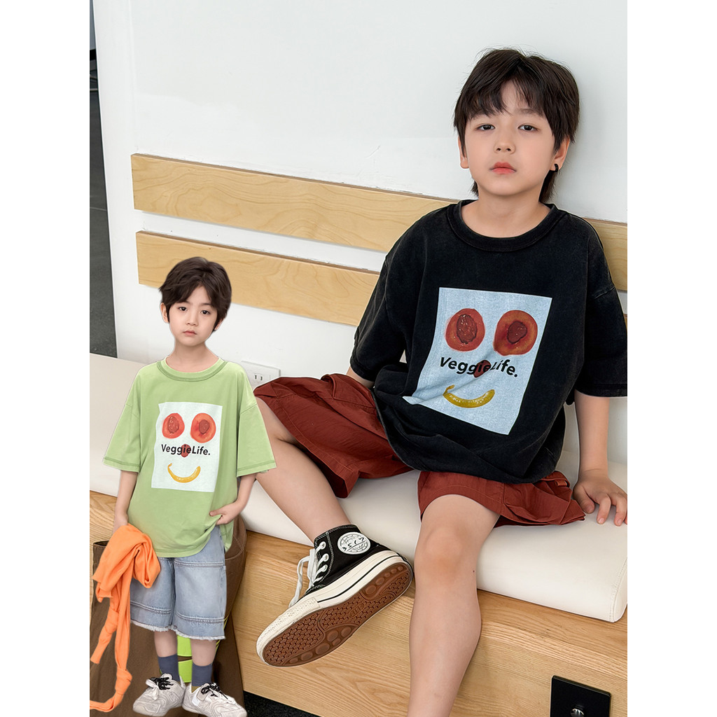 Yima meninos areia lavada algodão frutas impressão camiseta de manga curta crianças verão estilo fino bebê solto camisa 