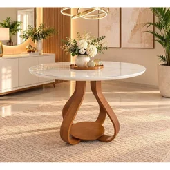 Mesa de Jantar Bella ( Pé Cebola ) 90cm Tampo Laqueado com Vidro Branco/Off-White/Mel