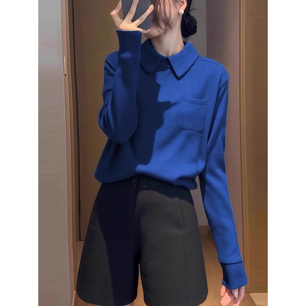 Klein azul gola Polo camisola de manga comprida feminina primavera estilo preguiçoso estilo ocidental mais magro olhar B