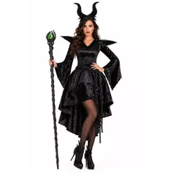 Fantasia Malévola Adulta Luxo de Halloween Com Tiara
