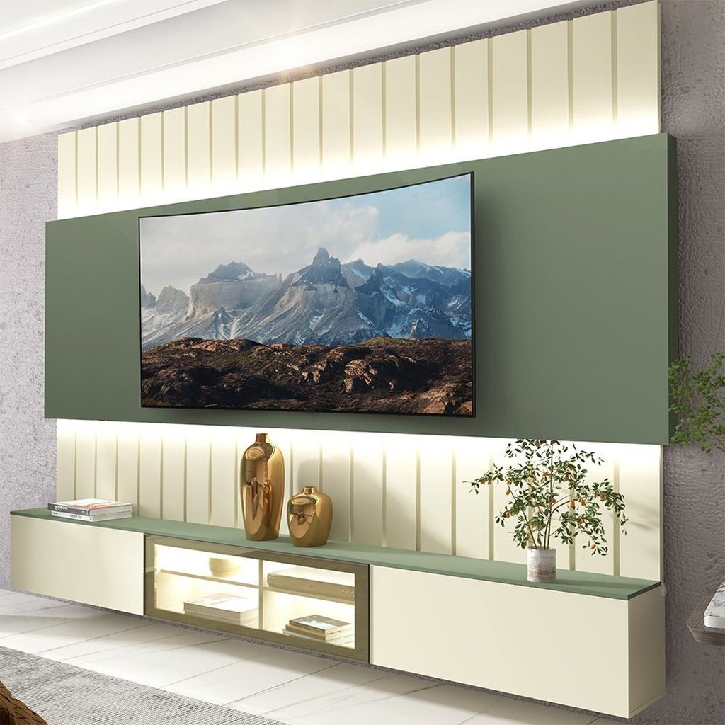 Estante Home para Tv até 90 Polegadas com Led 230cm Soberano Reflecta 100% MDF Off White/Verde Bellagio em Oferta na Shopee