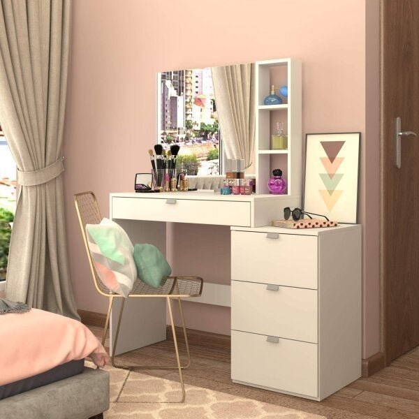 Penteadeira Camarim com Espelho 4 Gavetas 3 Nichos Branco