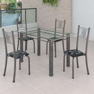 Conjunto de Jantar Mesa 120x75cm Tampo de Vidro Incolor com 4 Cadeiras Sara Yescasa Preto Floral/Prata em Oferta na Shopee