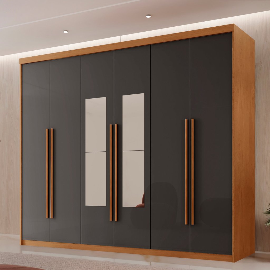 Guarda Roupa Casal 6 Portas 2 Gavetas com Espelho MDF Veracruz Naturalle/Grafite em Oferta na Shopee
