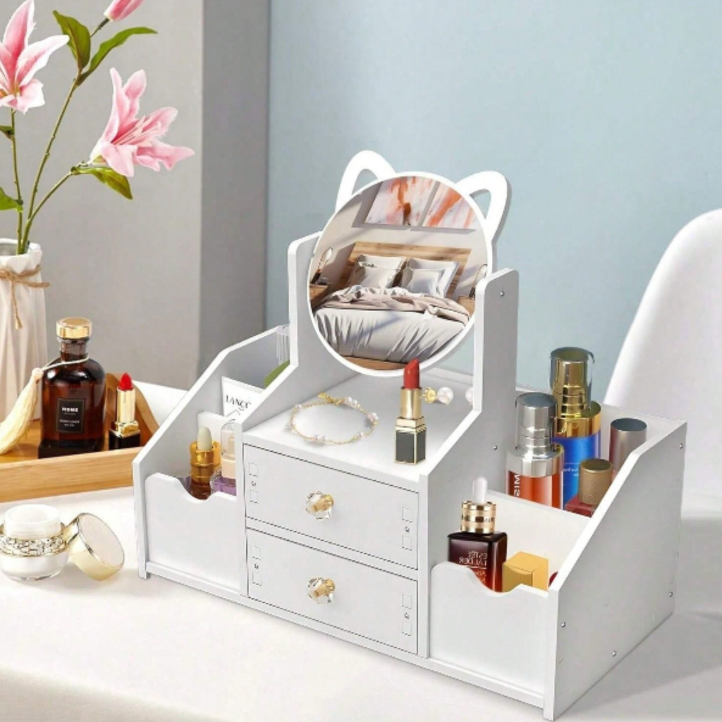 Porta Maquiagem Organizador de Cosméticos com Espelho e 2 Gavetas Estilo Clean e Funcional em Oferta na Shopee