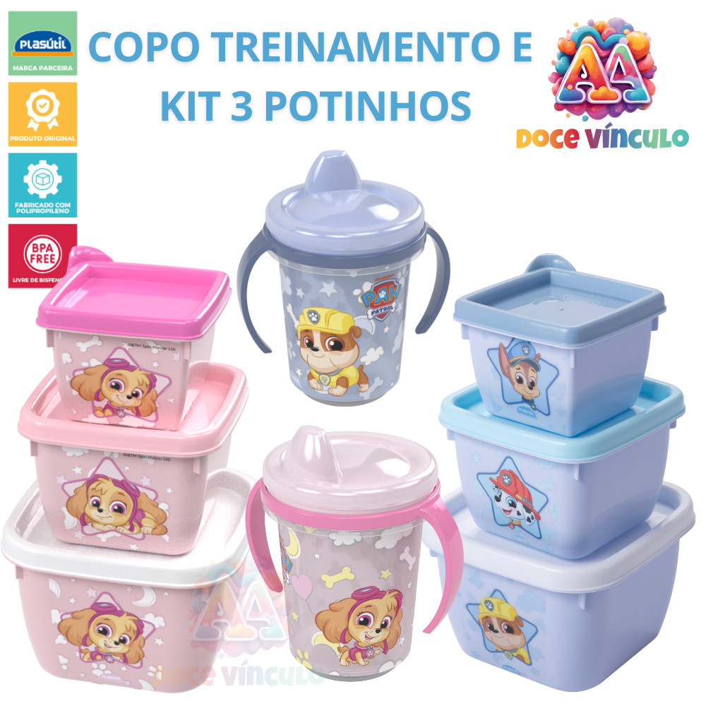 Kit Copo Caneca Alça e Conjunto 3 Potinhos BPA Free Lancheira Patrulha Canina Baby