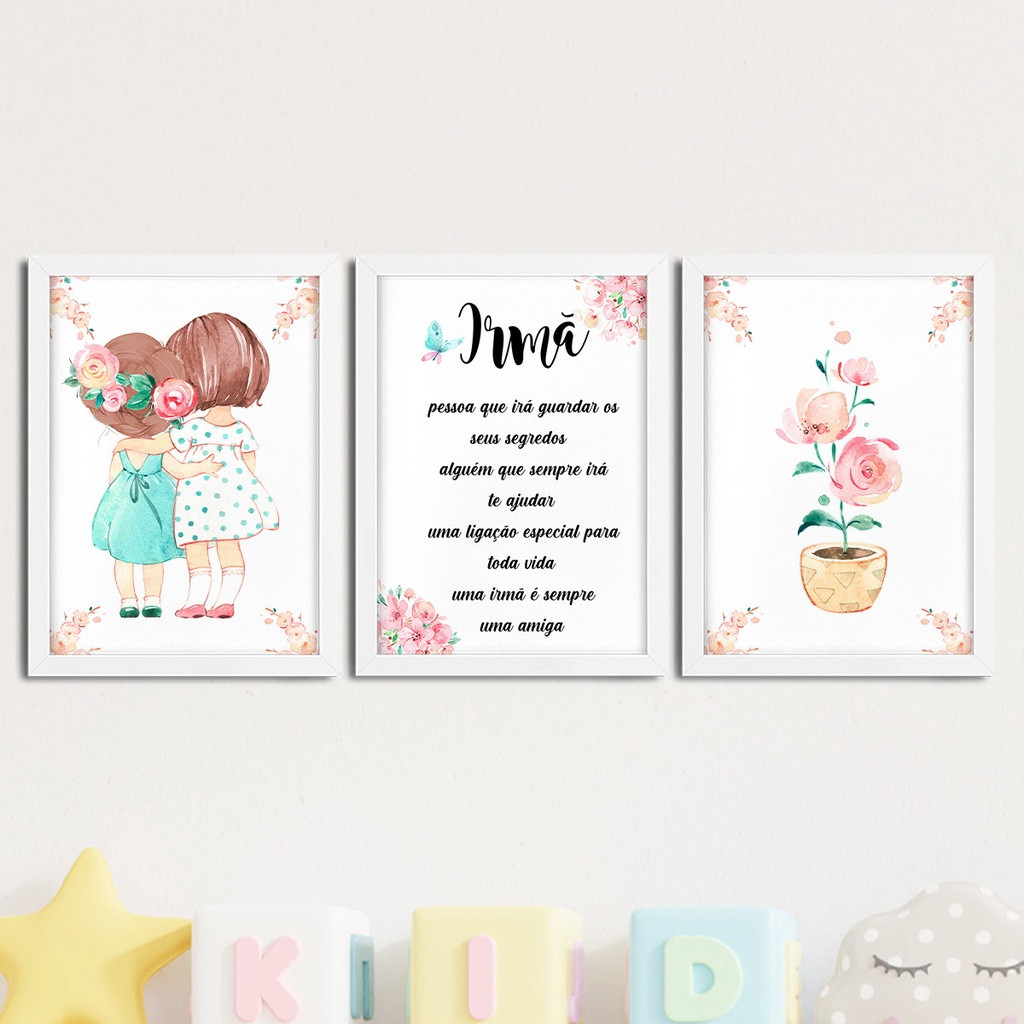 kit 3 peças Quadro Decorativo Sala, Quarto, Cozinha Decoração Plaquinha 20x30 menina irmã clara