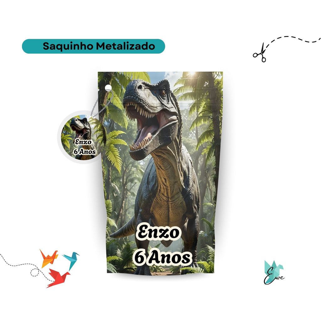 Saquinho Metalizado Dinossauros 12x19 Personalizado - Lembrancinha Aniversário | Saquinho Surpresa II