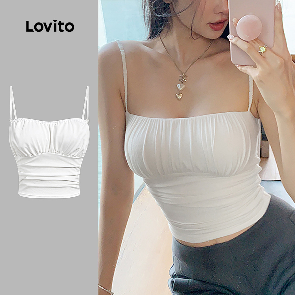 Lovito Blusa Casual com Pregas para Primavera/verão Branca para mulheres L154LD048 em Oferta na Shopee