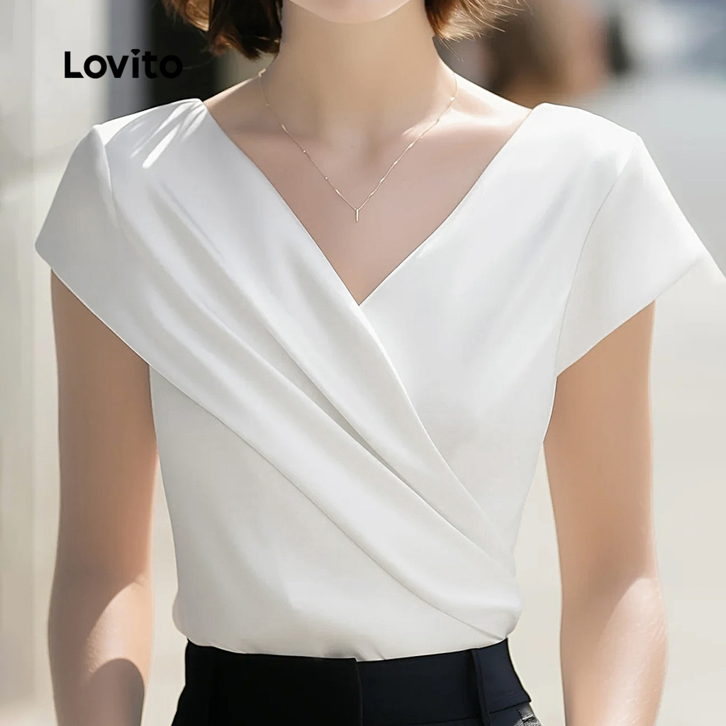 Lovito Blusa Casual com Pregas para Primavera/verão Branca para Mulheres L154ED442 em Oferta na Shopee