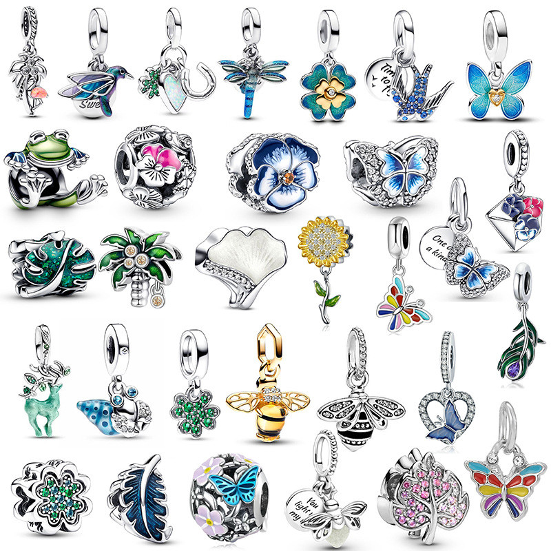 Berloques De Prata 925 Clássico Charme Abelha Folha Pulseira Acessórios Libélula Borboleta Colar Pingente Jóias DIY