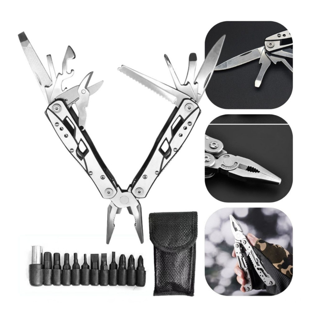 Kit Alicate Canivete Multiferramenta Aço Inox com Jogo de Bits e Bolsa