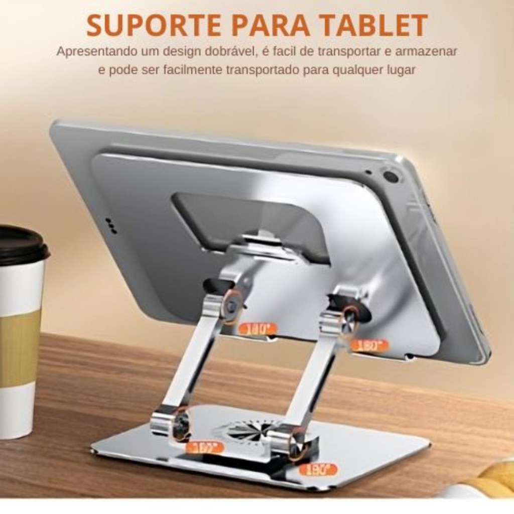 Suporte iPad Totalmente Alumínio de Mesa Base Rotatória Ajustável Dobrável 360º Para Tablets Mac