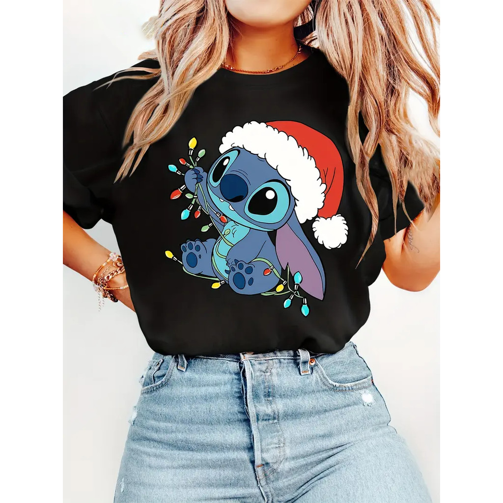 BR.Moonlight Camiseta Feminina Disney Stitch Natal Stitch Jumba Coração Chaéu Papai Noel Verde Estampada Confortável
