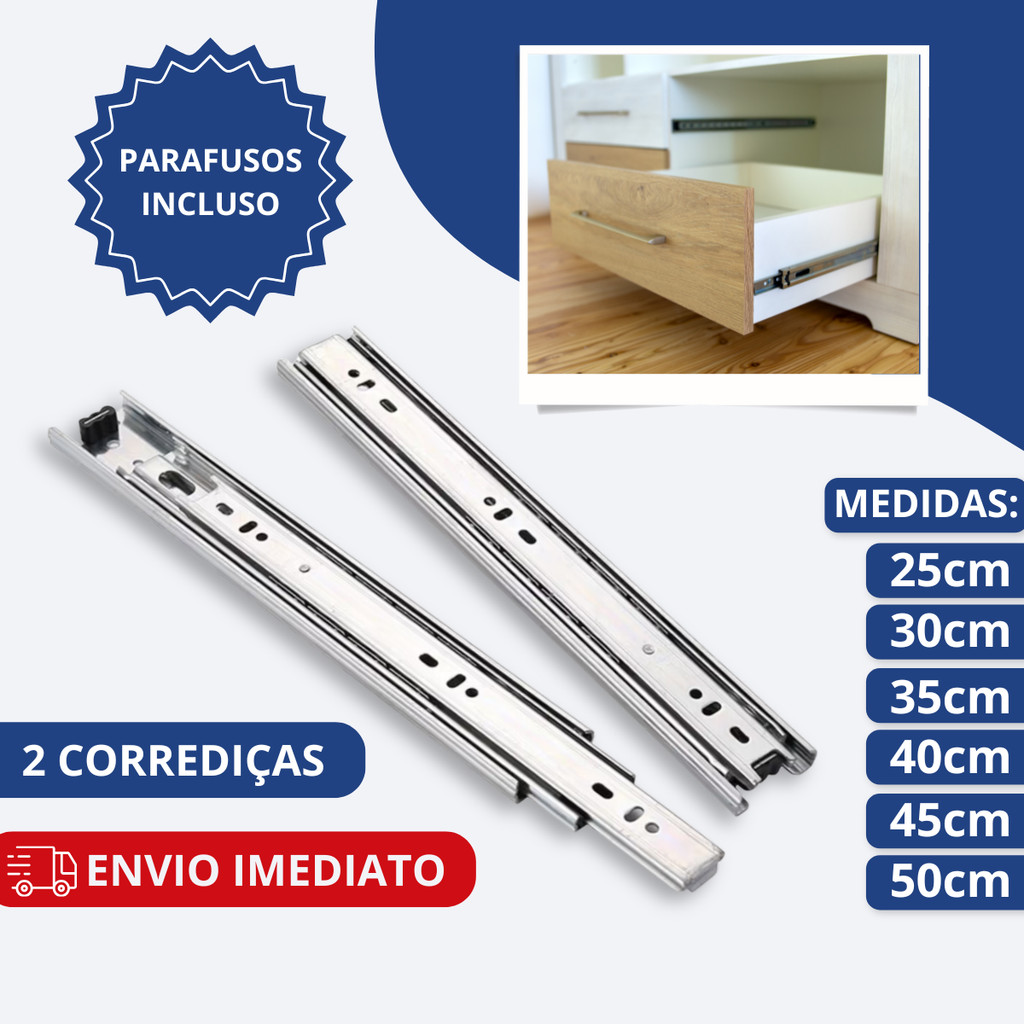 Kit 2 Corrediças de Gaveta/Armarios Trilho Telescópica Light | 25cm | 30cm | 35cm | 40cm | 45cm | 50cm em Oferta na Shopee