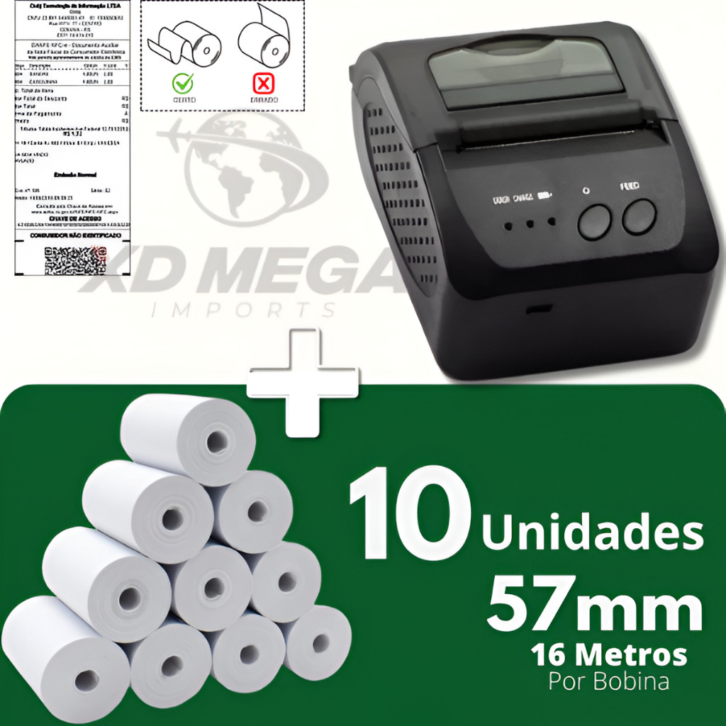 Mini Impressora Térmica 58mm bluetooth P/ Celular E Pc + 10 Bobinas cupom fiscal ifood delivery