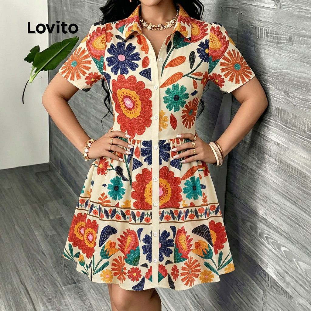 Lovito Vestido Casual Feminino com Botão Frontal Estampado Primavera/Verão LK7AD081 · foto 2