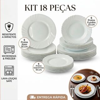 Jogo Kit 18 Pratos vidro Opaline Branco 6 Fundos 6 Rasos e 6 Sobremesas micro-ondas e lava louça