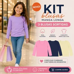 Kit 3 Blusa Cotton Manga Longa Sortida Infantil Juvenil Menina Tamanho 2 ao 12
