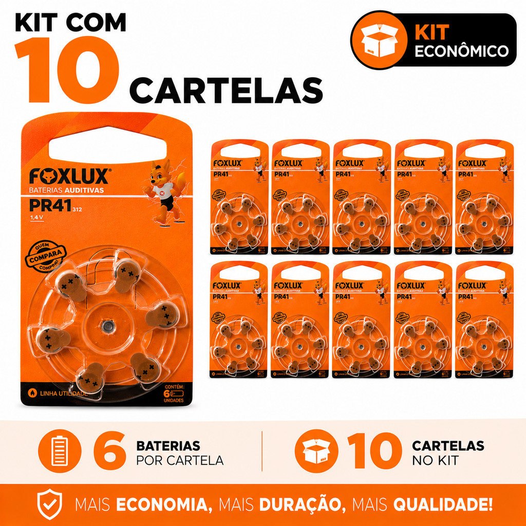 Pilhas Baterias Auditivas Foxlux 312 PR41 Kit com 60