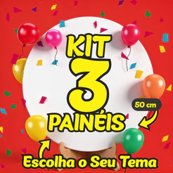 Kit Painéis 3 Redondo 50x50 cm Tecido Sublimado Escolha seu Tema Festa Painel