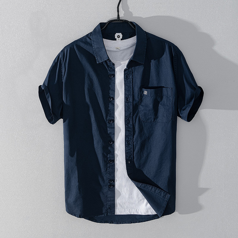 Verão novos produtos Casual camisa de manga curta masculina jaqueta superior solta simples All-Match camisa de cor sólid