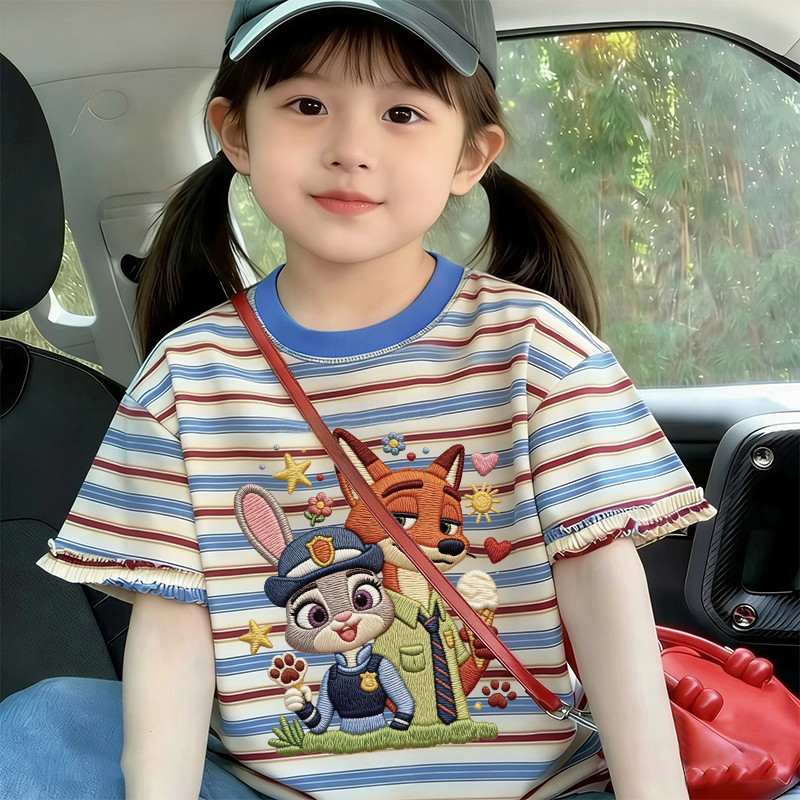 Meninas novo estilo 2026 médio pequeno crianças listrado de manga curta puro algodão impresso camiseta verão moda bonito