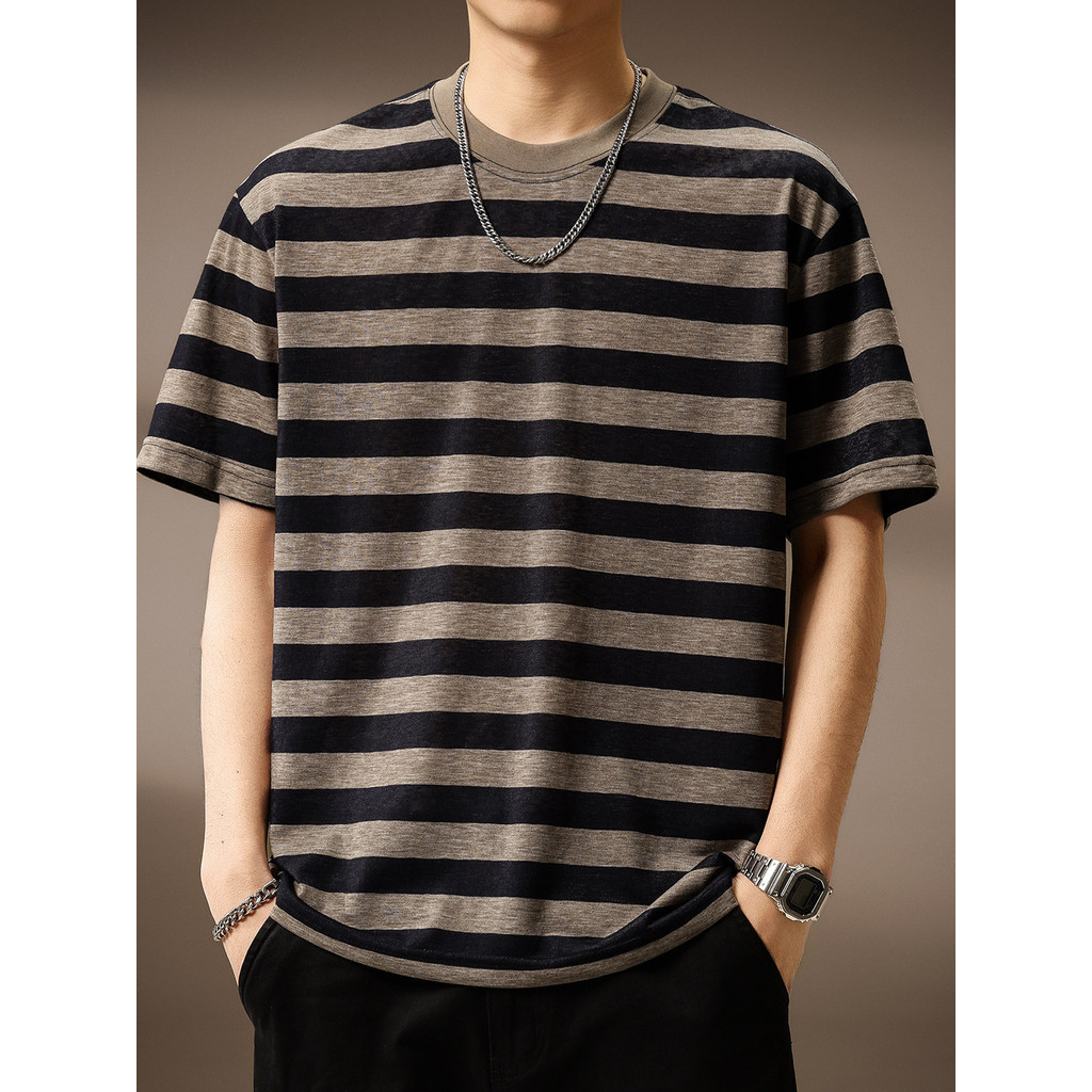 High-End americano Retro lavado escovado listrado de manga curta camiseta masculina primavera verão Lyocell contraste co