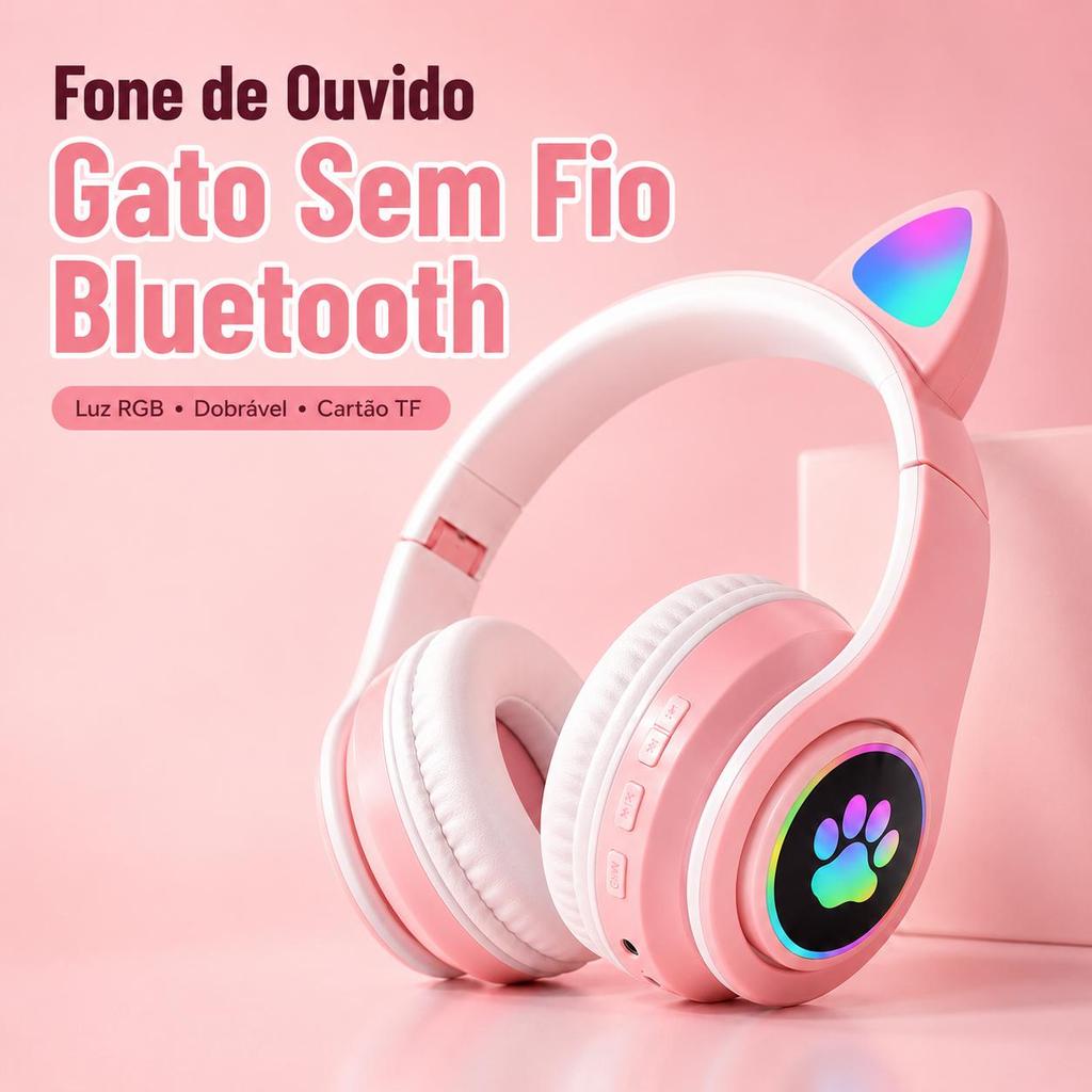 Fone de Ouvido Gatinho Sem Fio Bluetooth com Orelhas de Gato, Luz RGB, Microfone, Dobrável, Cartão TF e Modo com Fio