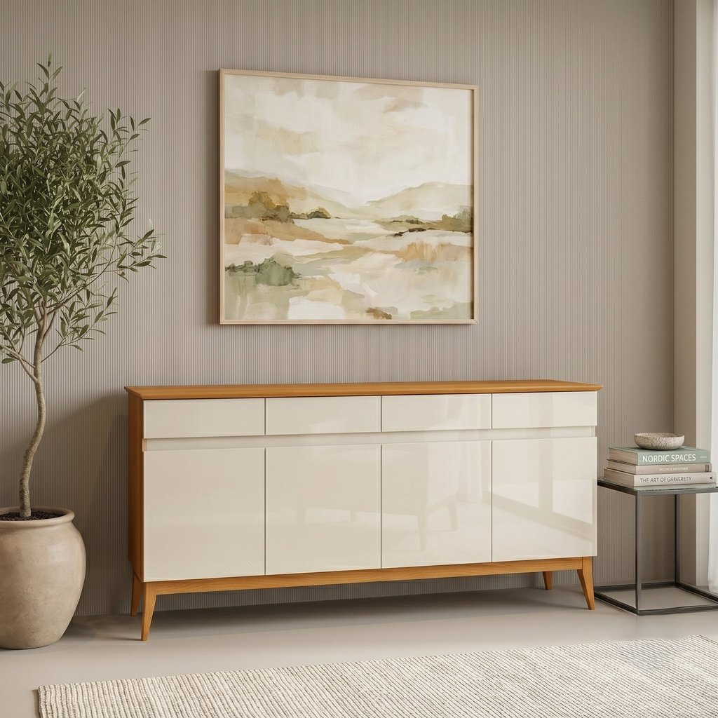 Buffet Aparador 4 Portas e 4 Gavetas em MDF com Pés em Madeira Maciça Bege/Off White/Cedro Off White/Cedro