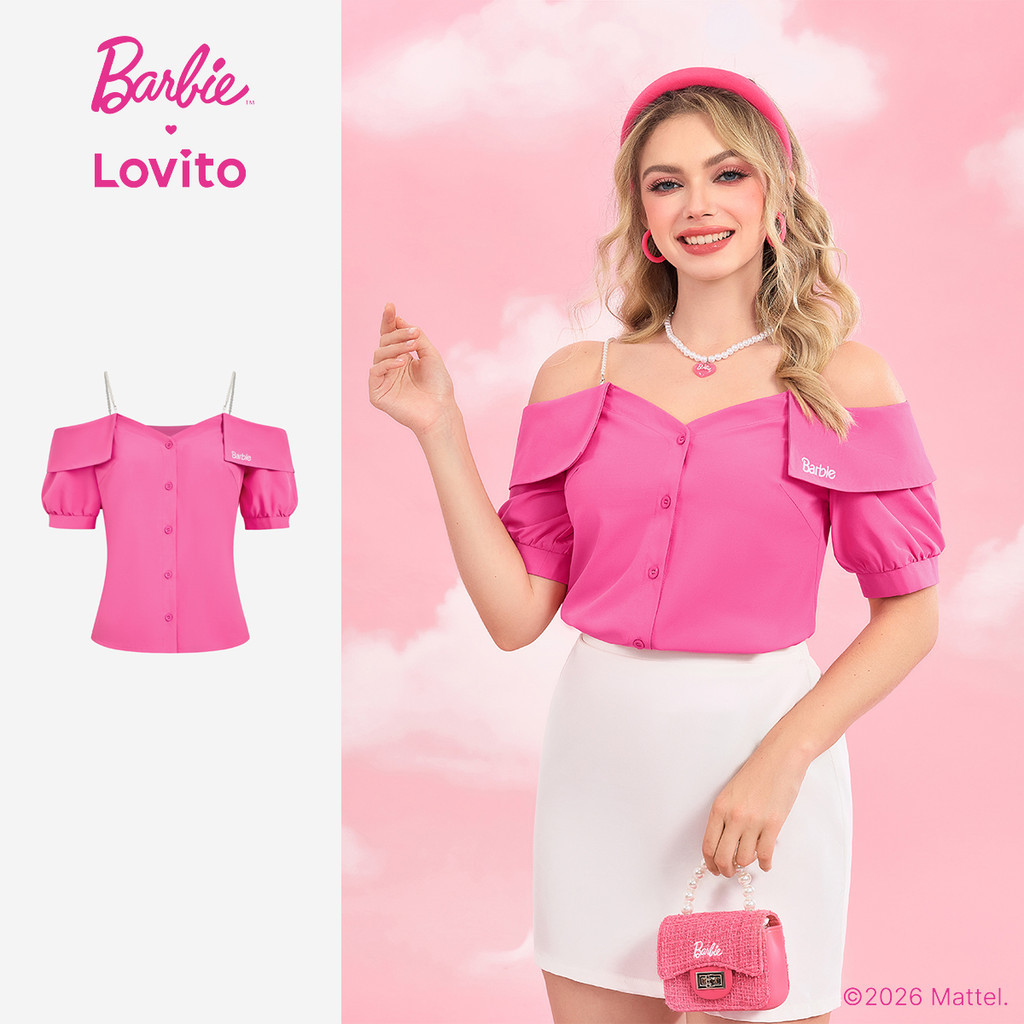 BarbieTM X Lovito Casual Blusa Fofa Bordado Primavera/verão Rosa Vermelha Mulher BLBL4PAD009