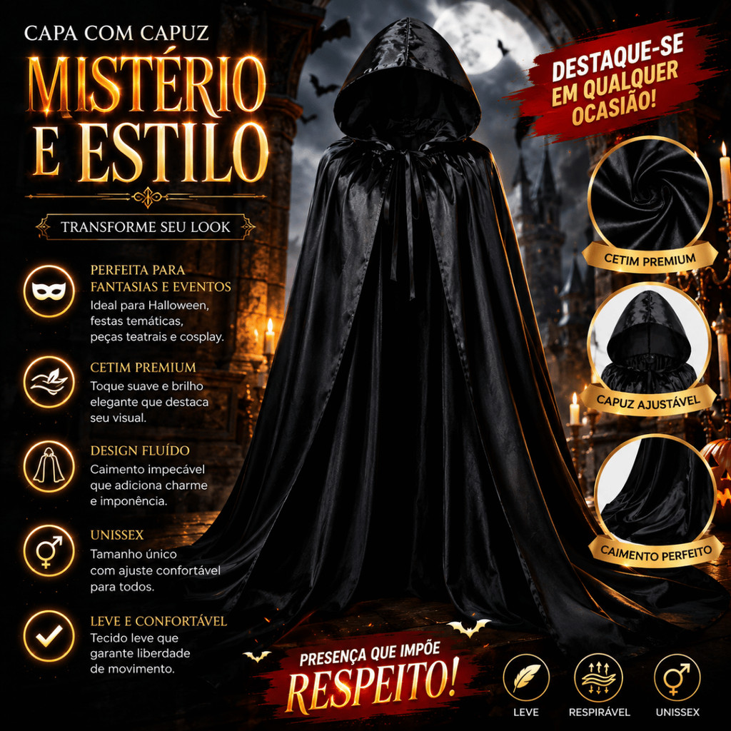 Capa com Capuz Adulto para Fantasia Halloween Vampiro Drácula Bruxa Cosplay e Carnaval