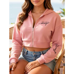 Camisola com Capuz Curta e Fecho de Correr para Mulher