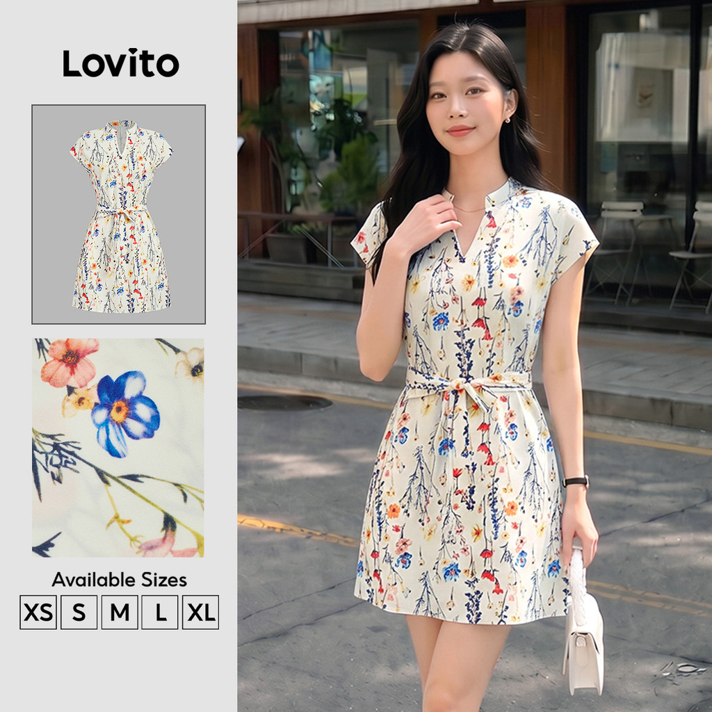 Lovito Férias Vestido com Cinto e Estampa Vestido de Primavera/verão para mulher