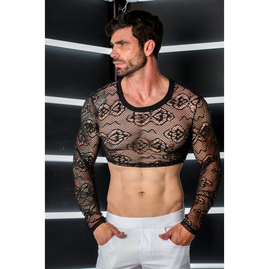 Cropped Masculino Manga Longa em Renda Moda Masculina Casual Festa Estilo