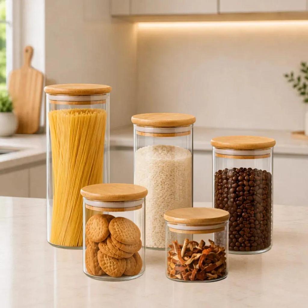Kit 5 Potes De Vidro Herméticos Tampa Bambu Bacana Decor Porta Alimentos Mantimentos Temperos Redondo