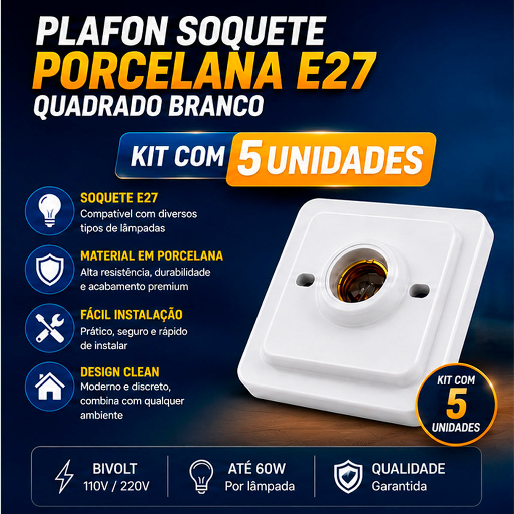 Kit 5 Plafons Quadrados E27 Soquete Porcelana OPL Sala Quarto Cozinha E Corredor — imagem 2 de 2