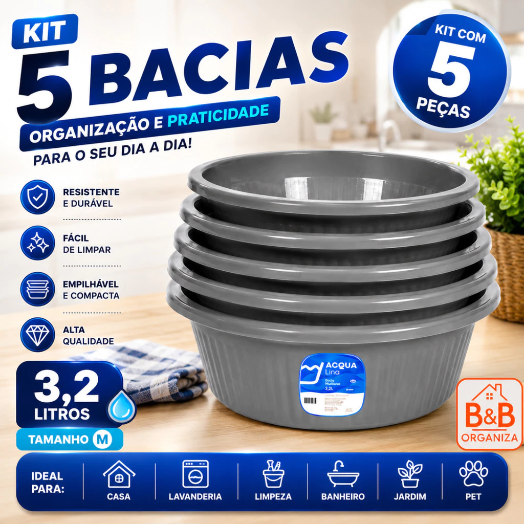 Kit 5 Bacias Multiuso 3,2L Plásticas Caneladas Redondas Reforçadas Para Cozinha Lavanderia Casa Jardim — imagem 1