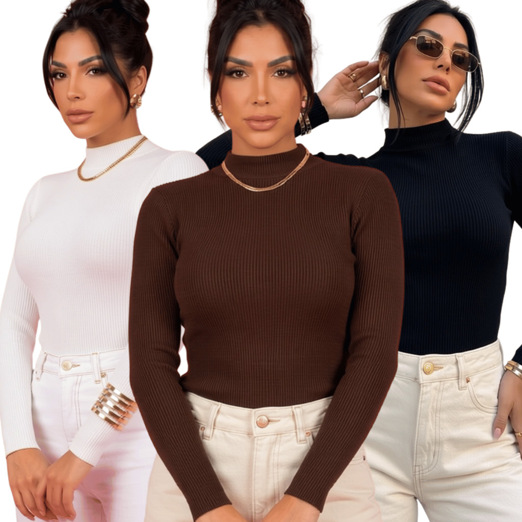 Kit 2 Blusa Feminina Manga Longa Cacharrel Canelada Gola Alta Básica Suplex Confortável Inverno Moda Feminina